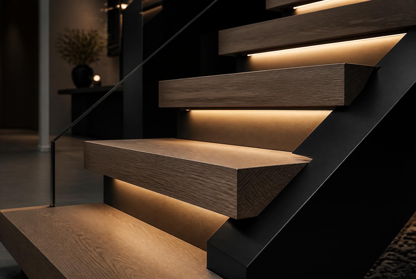 Floating white oak stair treads with LED accent lighting