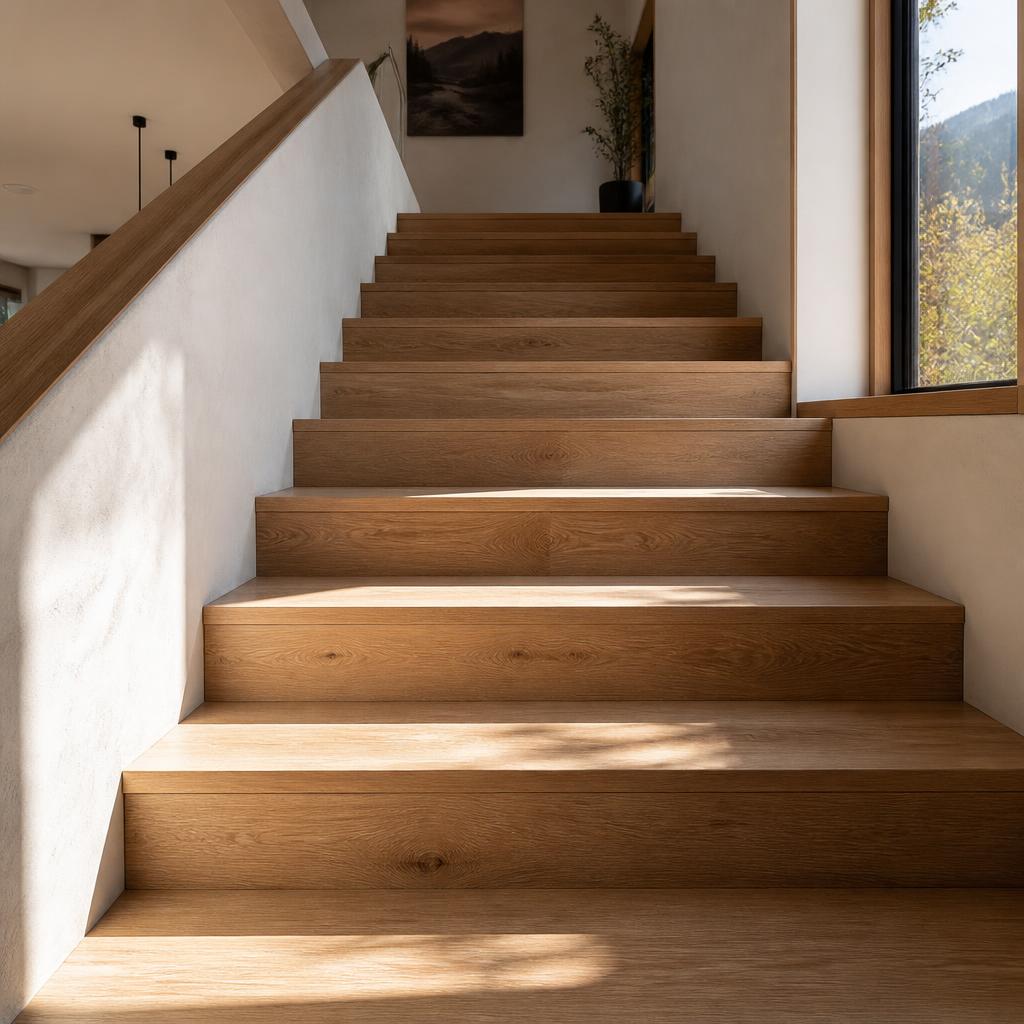 Modern white oak staircase in a sunlit mountain home