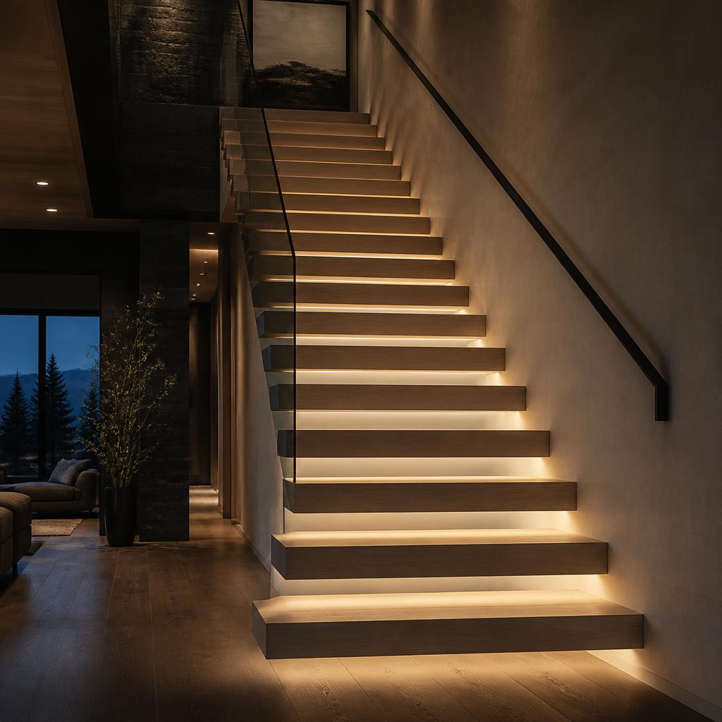 Cantilevered floating oak treads with warm under-lighting
