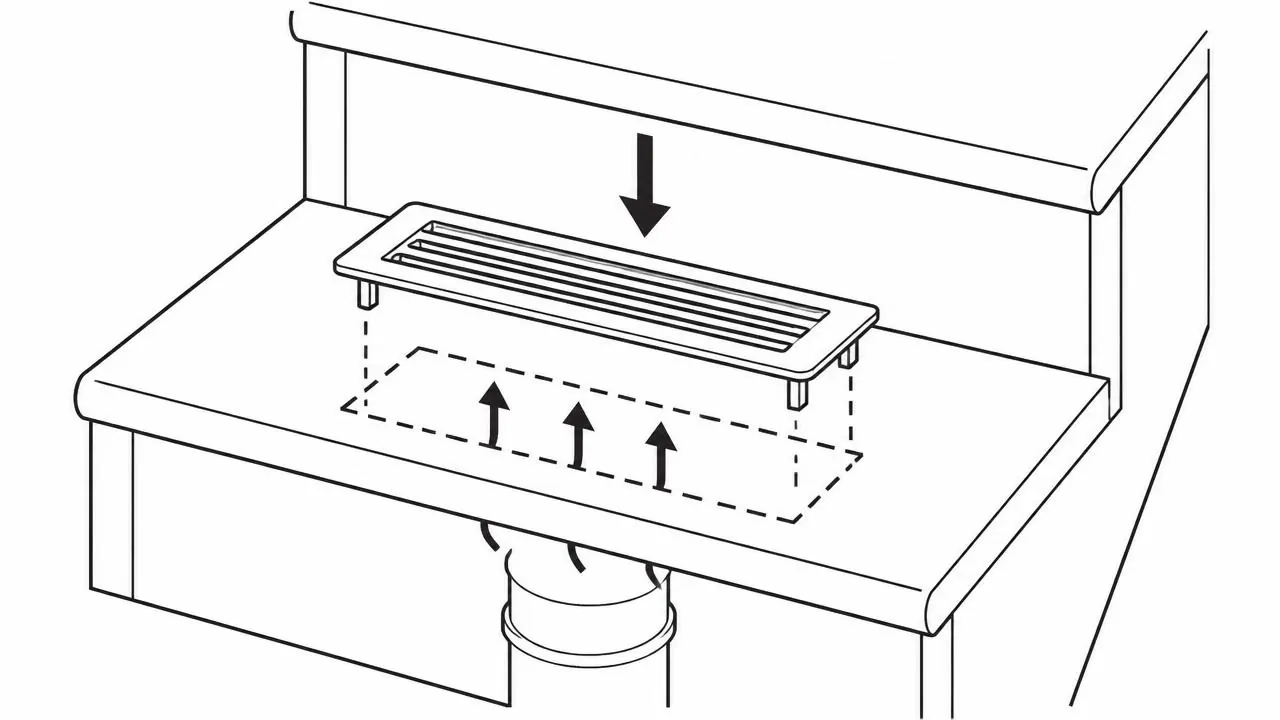 Isometric view of a vent register dropping into a cutout in a stair tread
